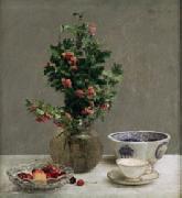 Henri Fantin-Latour Still Life with Vase of Hawthorn, Bowl of Cherries, Japanese Bowl, and Cup and Saucer France oil painting artist
